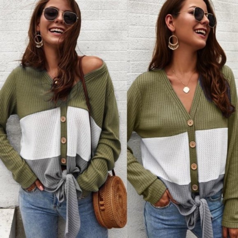 Cozy Button up Waffle Front Tie Top - Picture 9 of 9